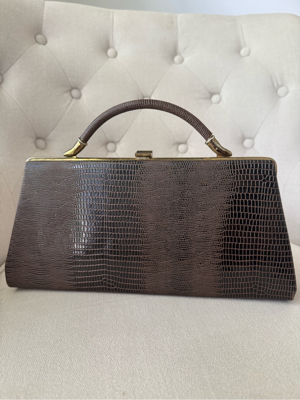 Vintage Dover Brown Leather Handbag Lissard Animal Print Made in USA